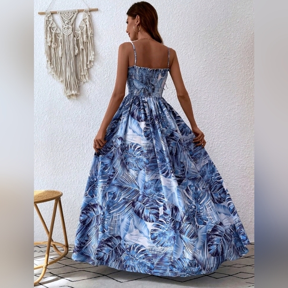 New Tropical Floral Print Maxi Stretch Cami Tube Top Dress Blue White - Picture 4 of 7